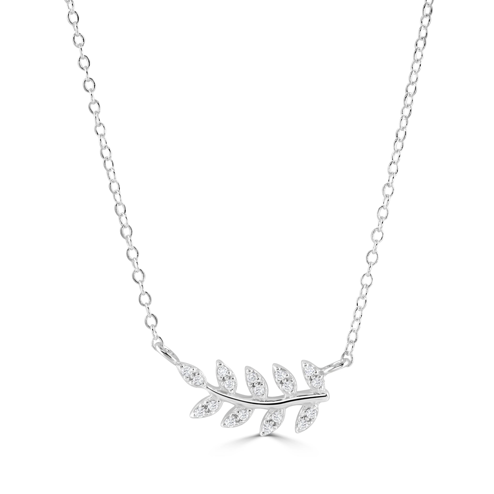 Sterling silver necklace with sparkling leaf pendant on a silver cable chain. 