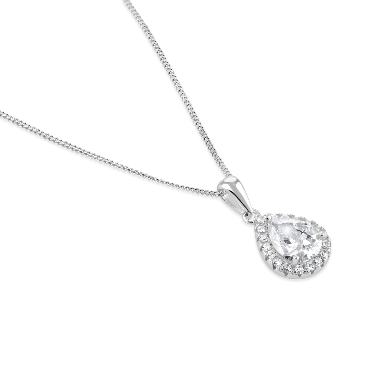 Silver pear shaped pendant necklace covered in clear cubic zirconia gemstones. 