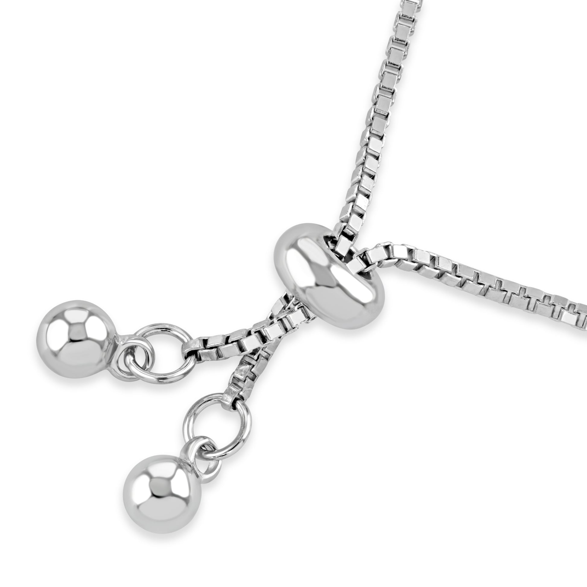 Sterling silver toggle slider on a box chain, used to adjust the evil eye bracelet. 