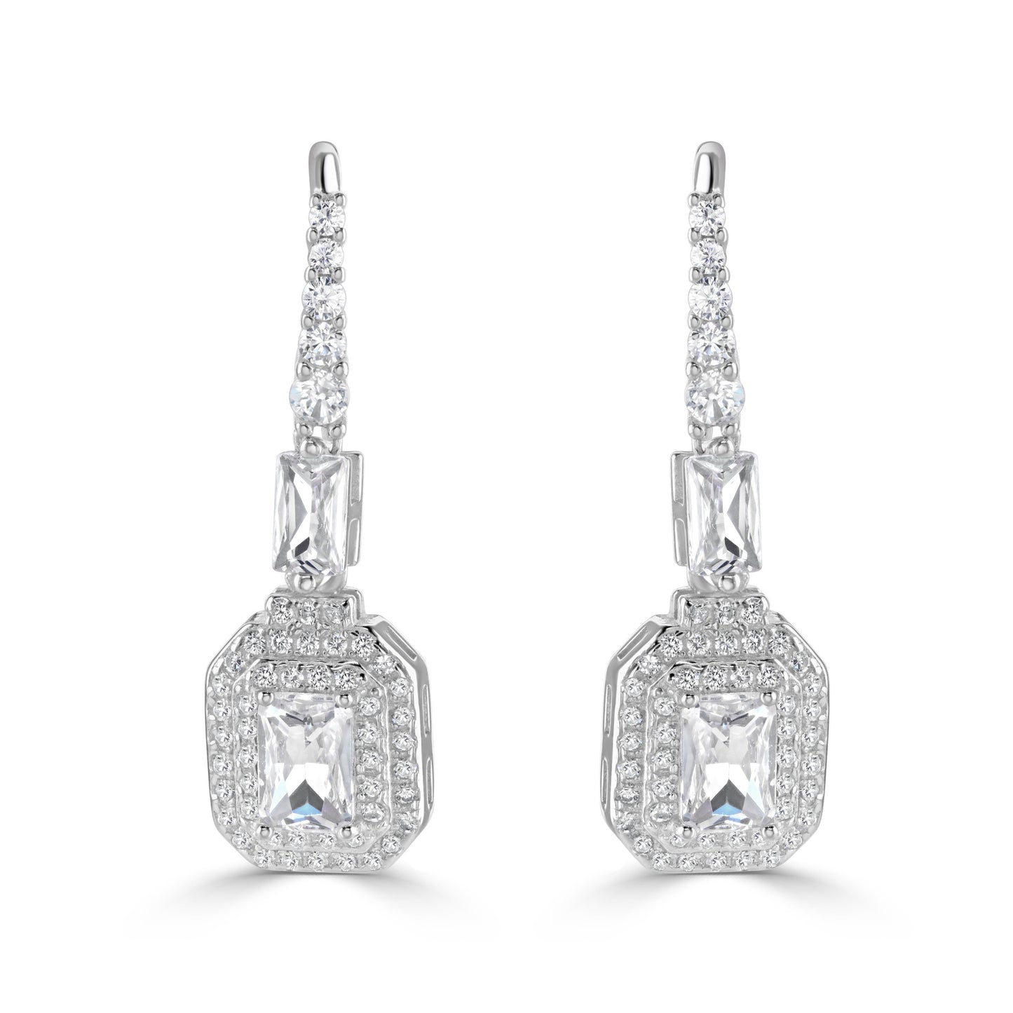 A pair of sparkling sterling silver and cubic zirconia drop earrings.