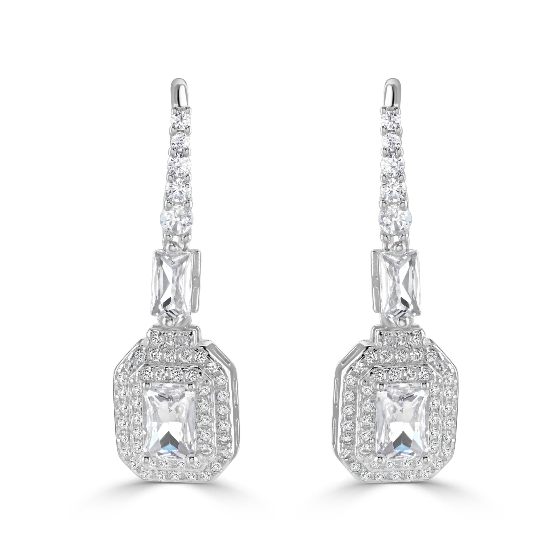 A pair of sparkling sterling silver and cubic zirconia drop earrings.