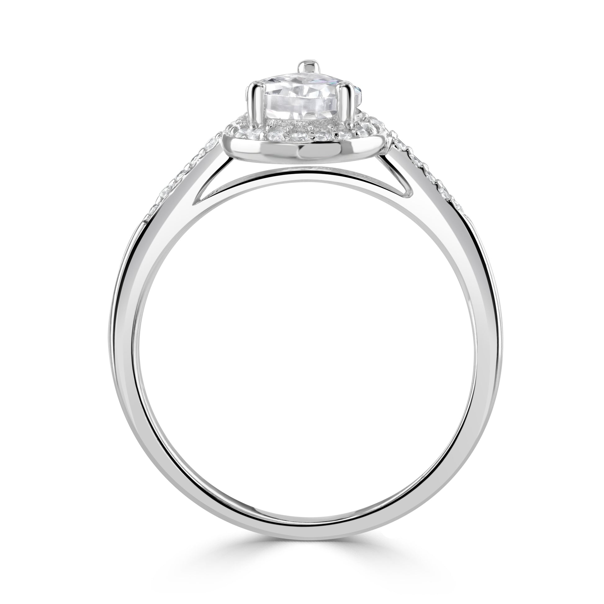 Sterling silver ring displayed upright to highlight the head and shank with cubic zirconia accents.
