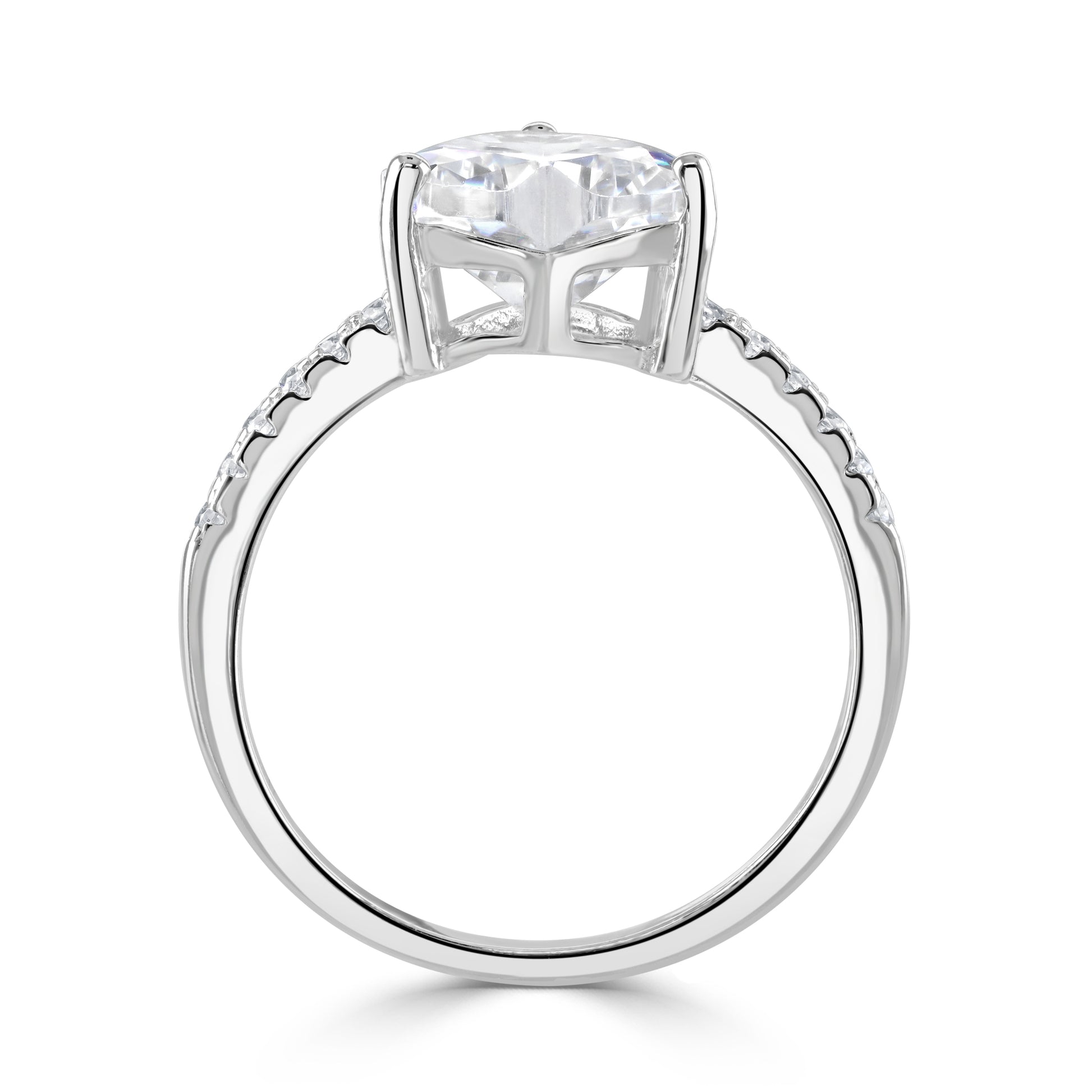Sterling silver ring displayed upwards showing the details of the shank and head. 